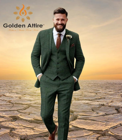 Green Tweed 3 Piece Suit, Bespoke Men's Wedding Suit