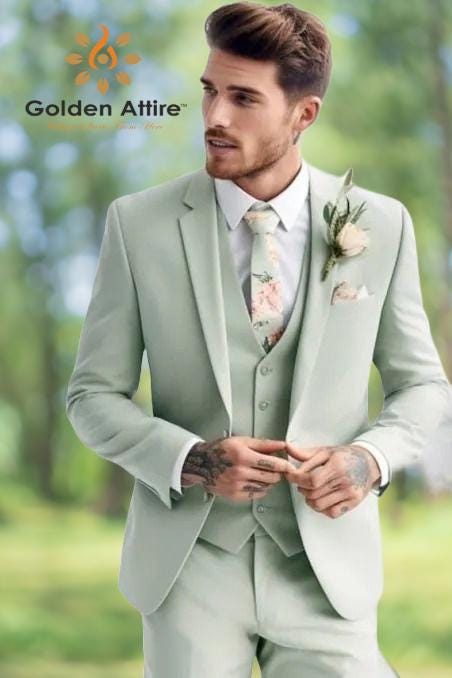 Sage Green Classic Suit, Crafted Men's Attire