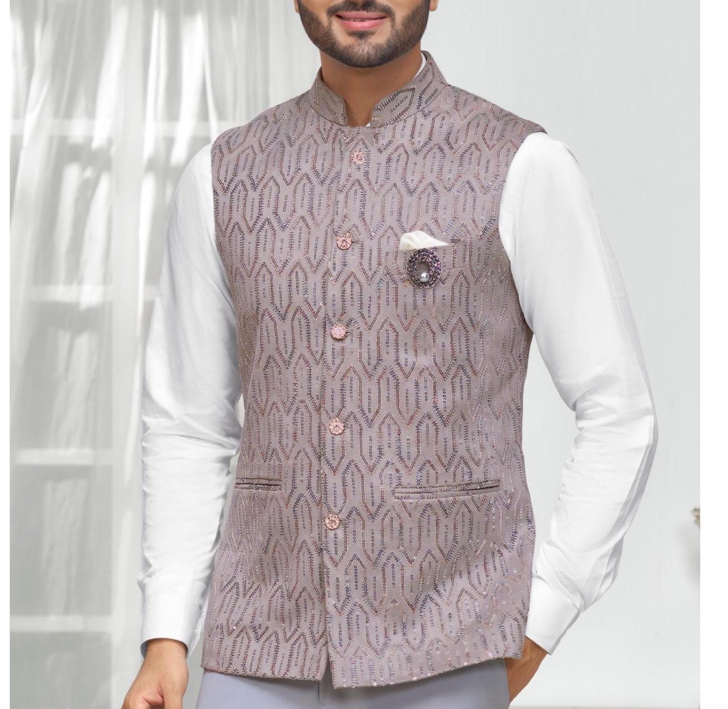 Grey Nehru Jacket for Men: Ethnic Modi Wedding Groom Vest