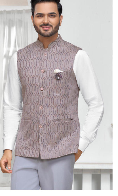 Grey Nehru Jacket for Men: Ethnic Modi Wedding Groom Vest