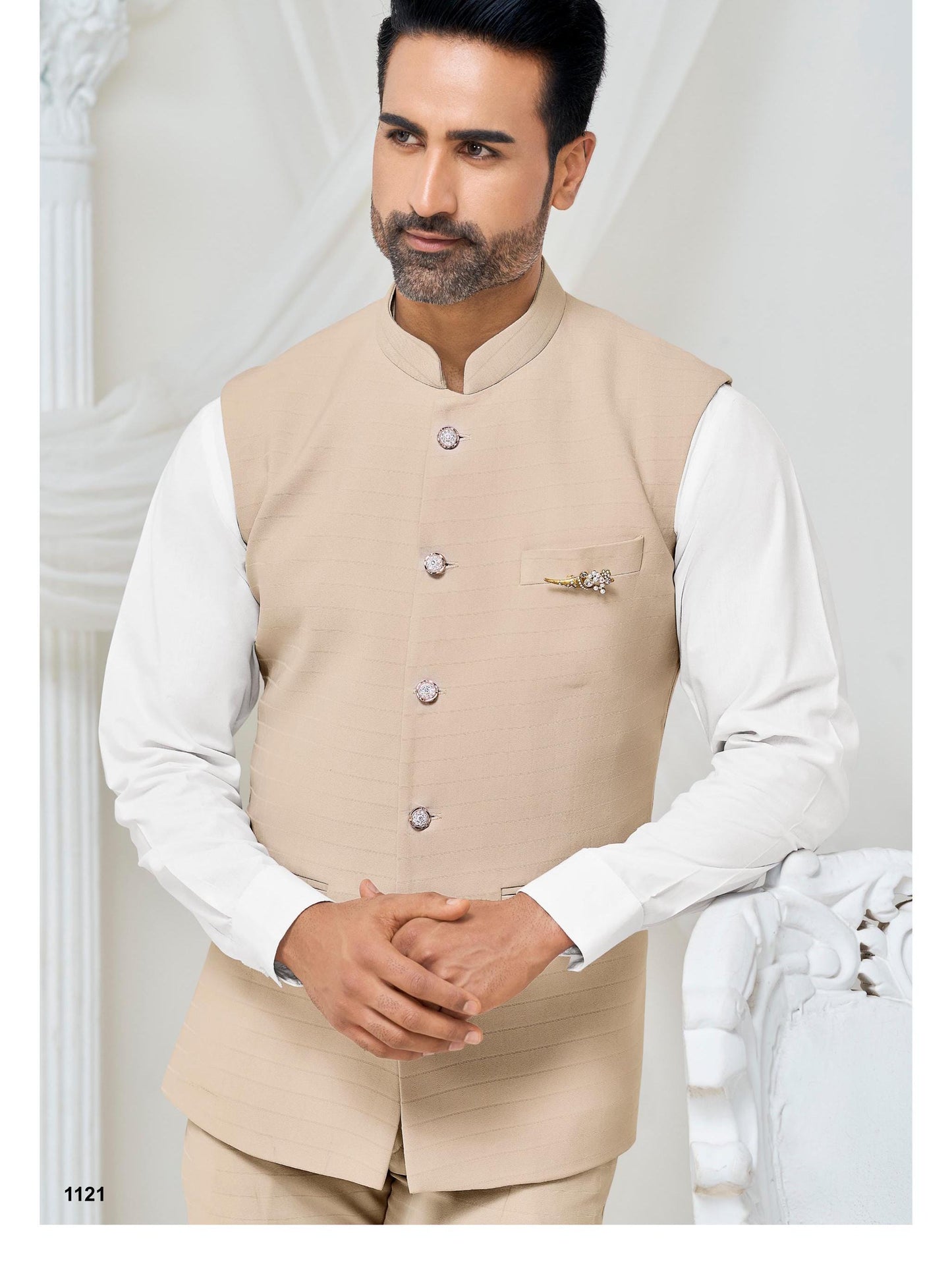 Beige Modi Jacket for Men: Indian Wedding Nehru Waistcoat