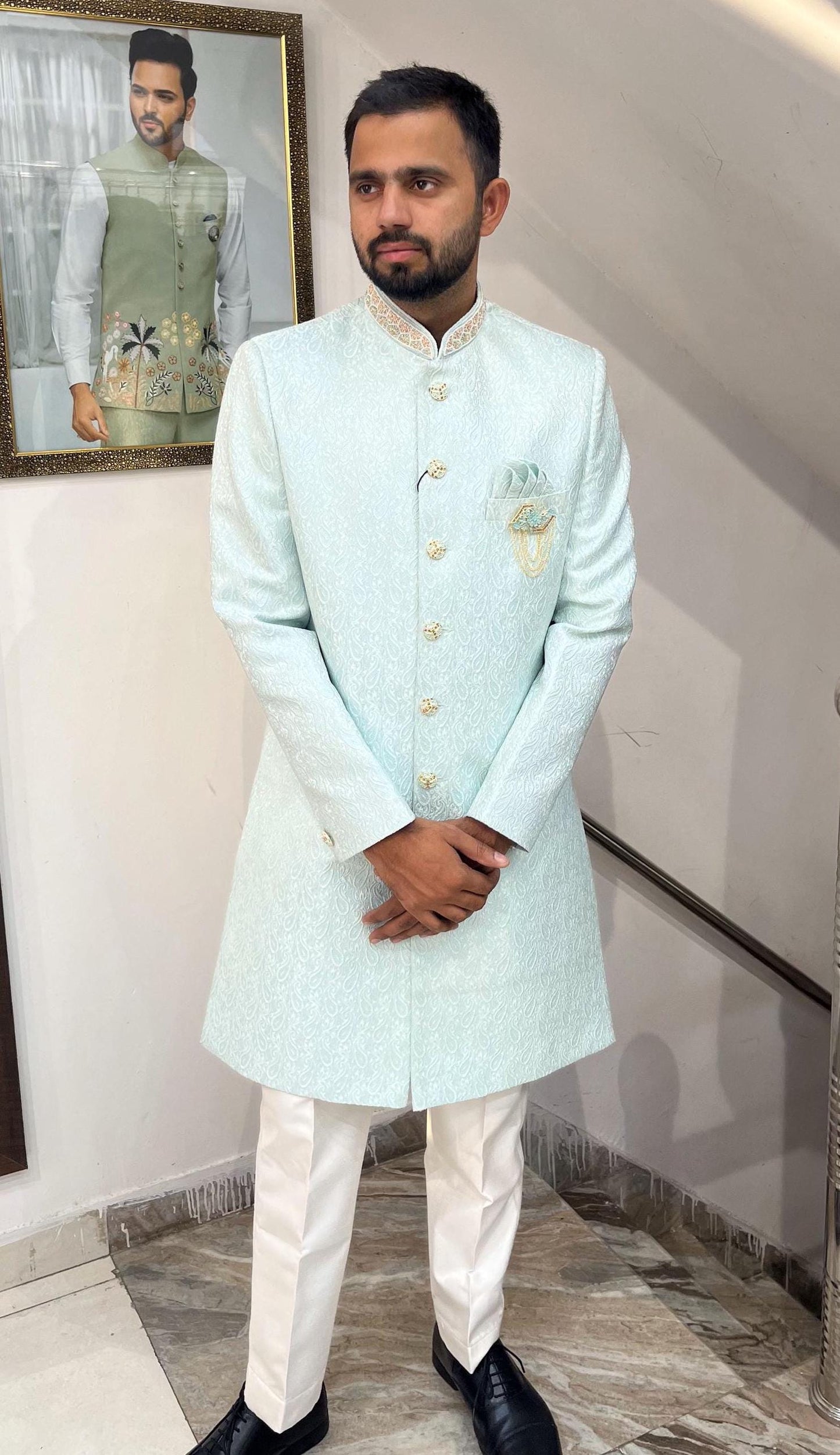 Powder Blue Indo Western Sherwani, Indian Groom Wedding Outfit