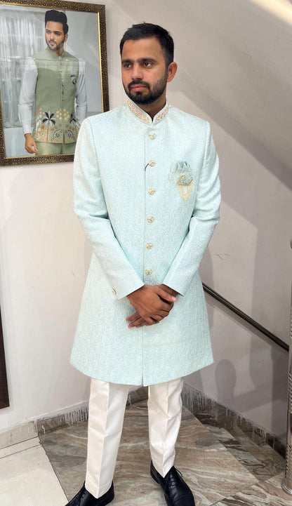 Powder Blue Indo Western Sherwani, Indian Groom Wedding Outfit