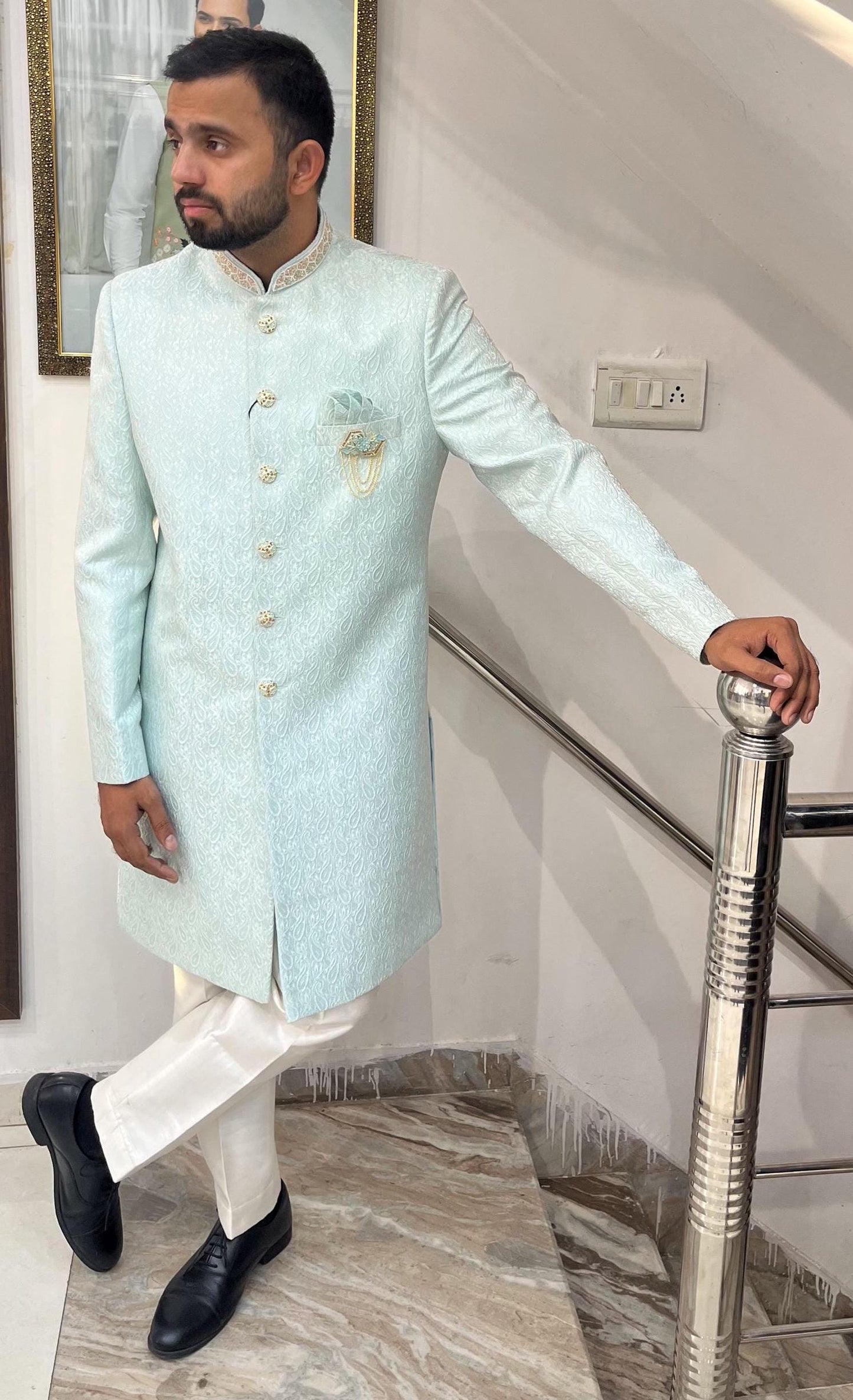 Powder Blue Indo Western Sherwani, Indian Groom Wedding Outfit