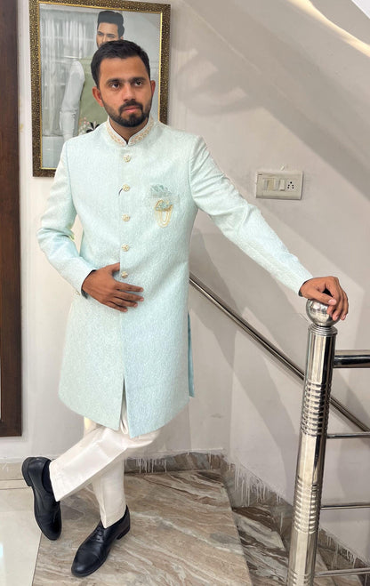 Powder Blue Indo Western Sherwani, Indian Groom Wedding Outfit