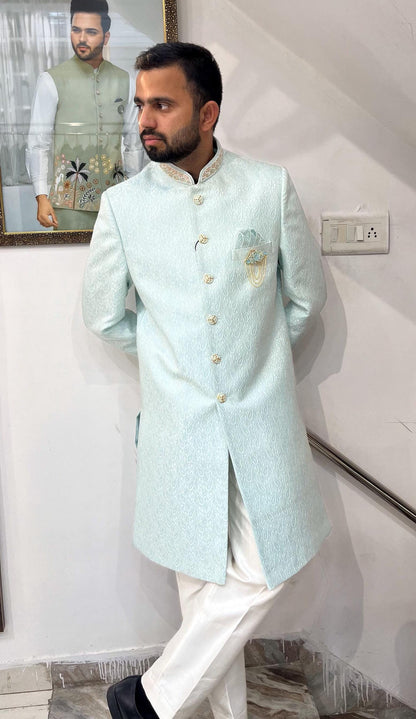 Powder Blue Indo Western Sherwani, Indian Groom Wedding Outfit