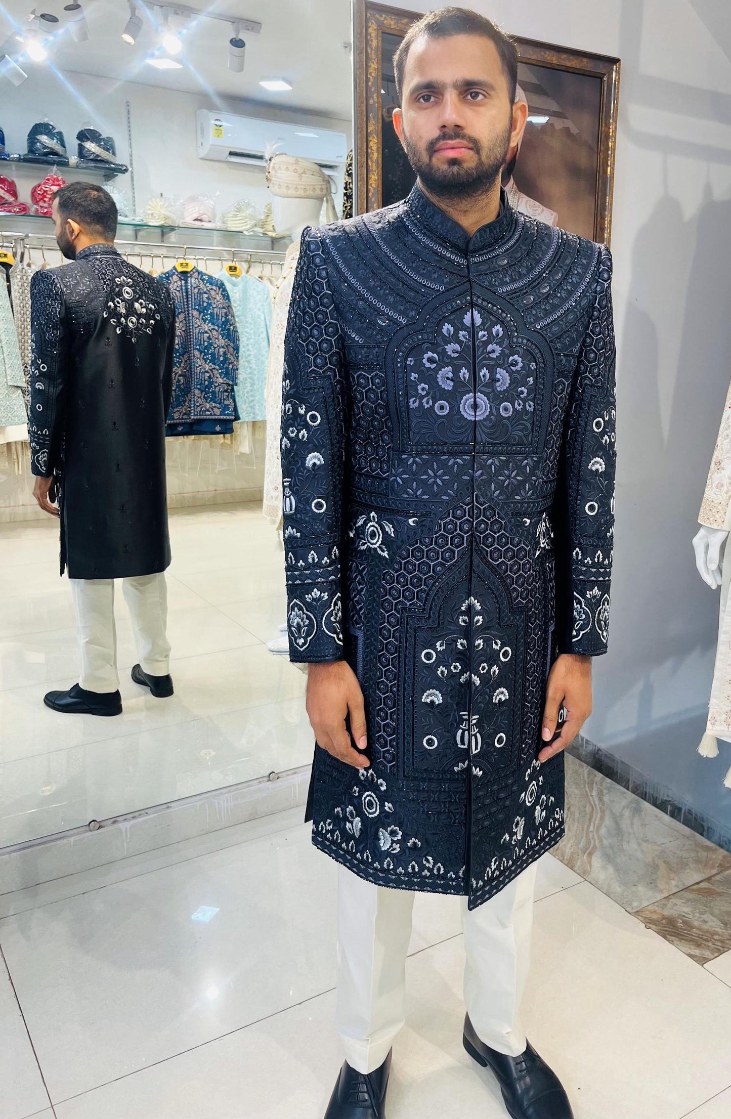 Glossy Black Indo Western Sherwani, Indian Groom Wedding Outfit