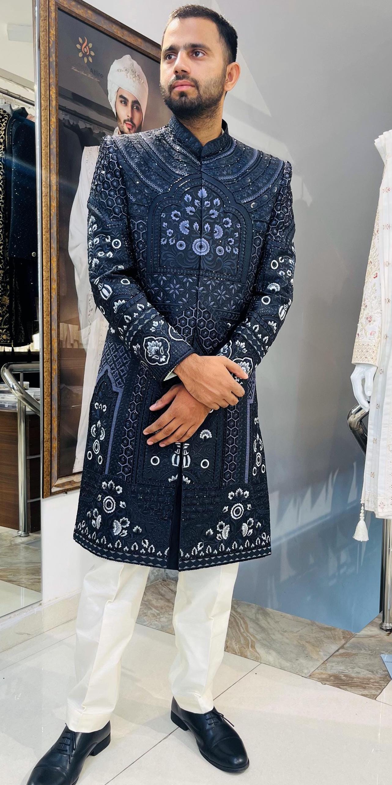 Glossy Black Indo Western Sherwani, Indian Groom Wedding Outfit