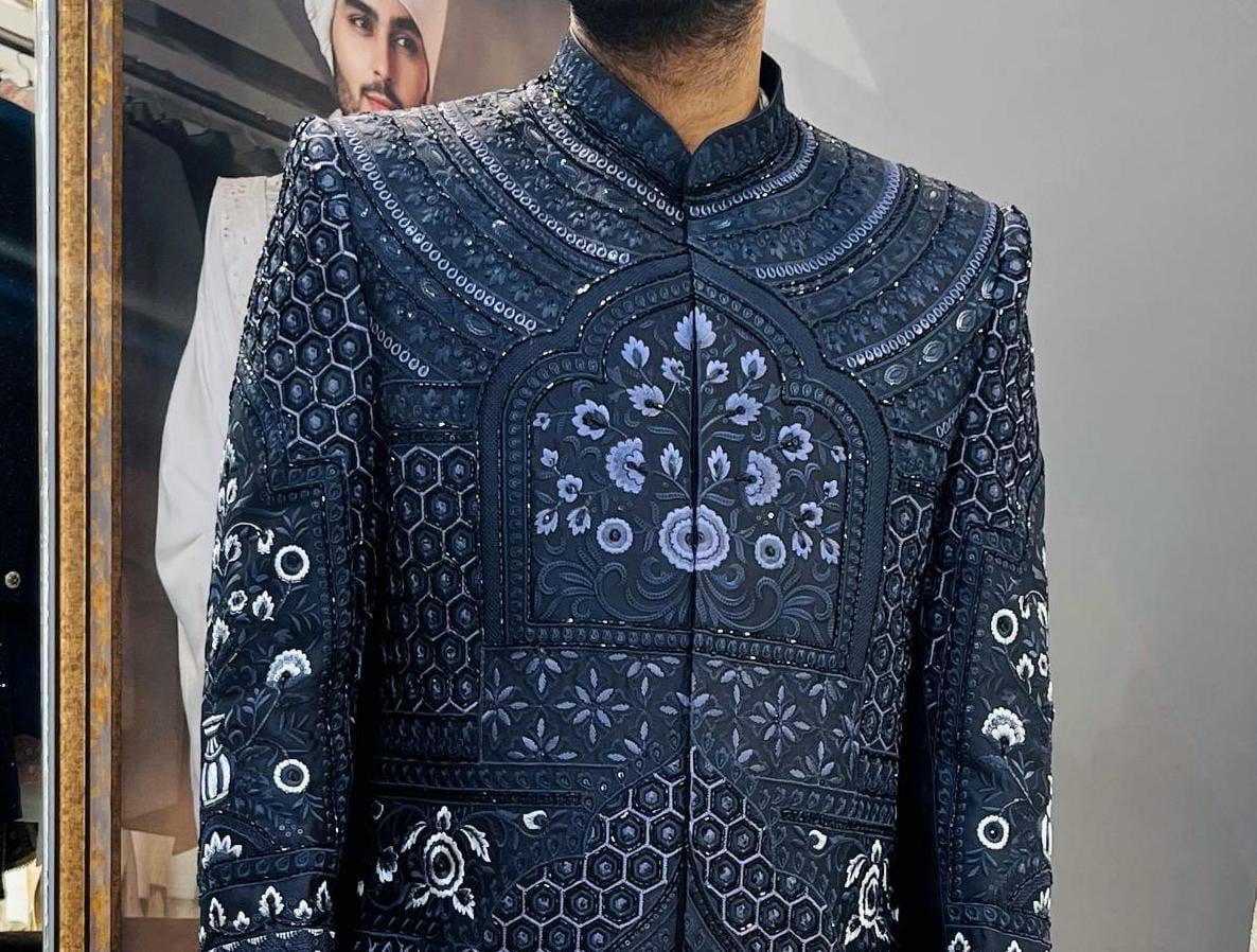 Glossy Black Indo Western Sherwani, Indian Groom Wedding Outfit