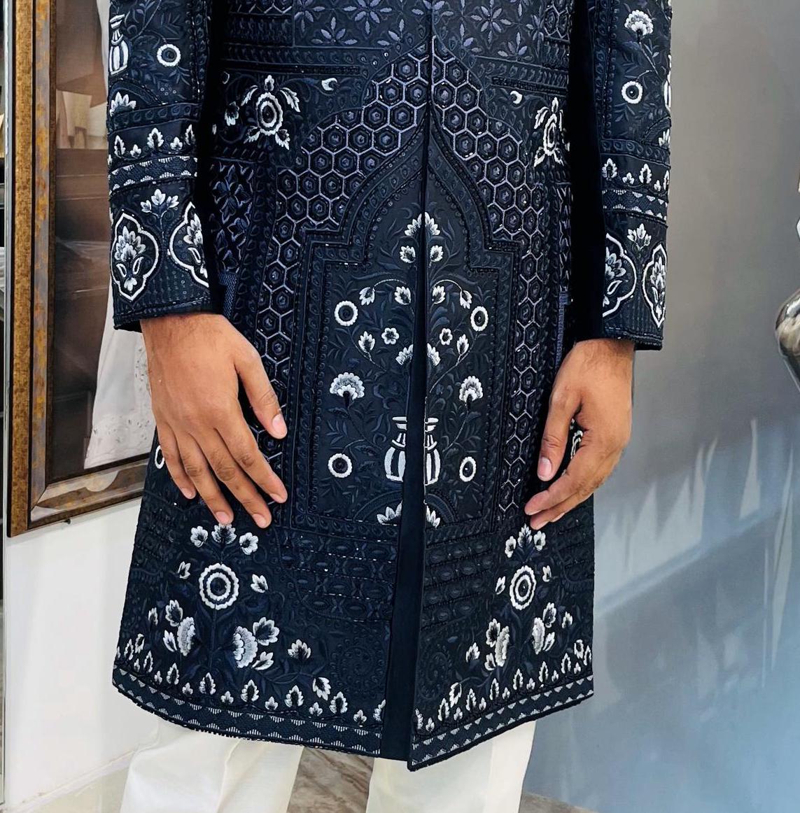 Glossy Black Indo Western Sherwani, Indian Groom Wedding Outfit