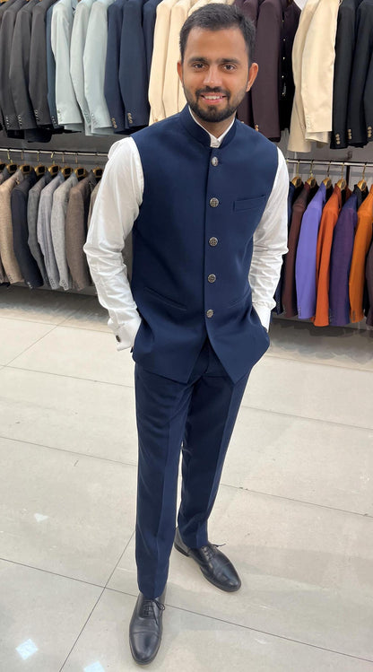 Blue Nehru Jacket: Men's Modi Waistcoat, Groom Wedding Jacket