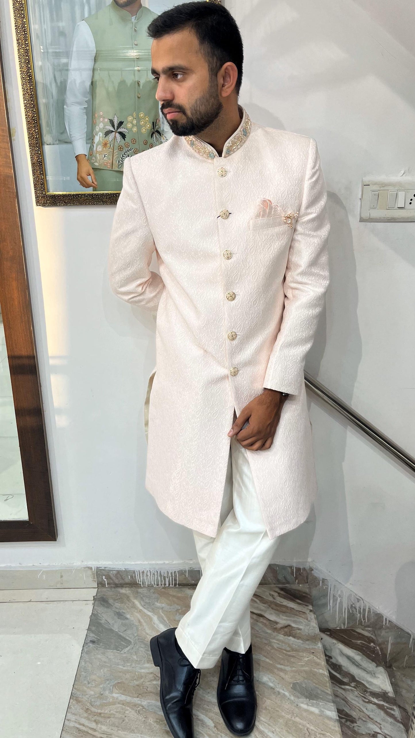Powder Pink Groom Sherwani, Indo Western Wedding Suit
