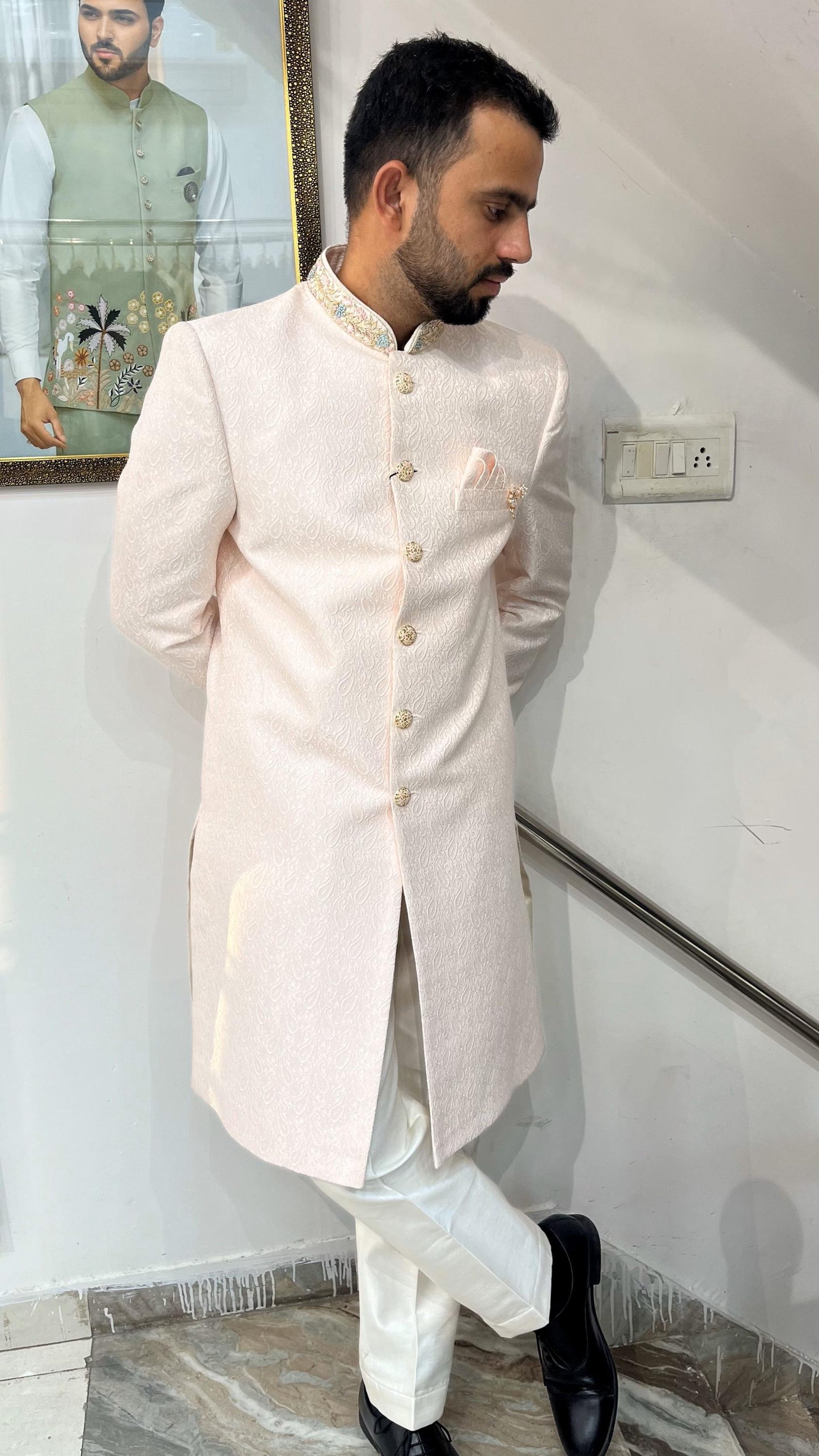 Powder Pink Groom Sherwani, Indo Western Wedding Suit