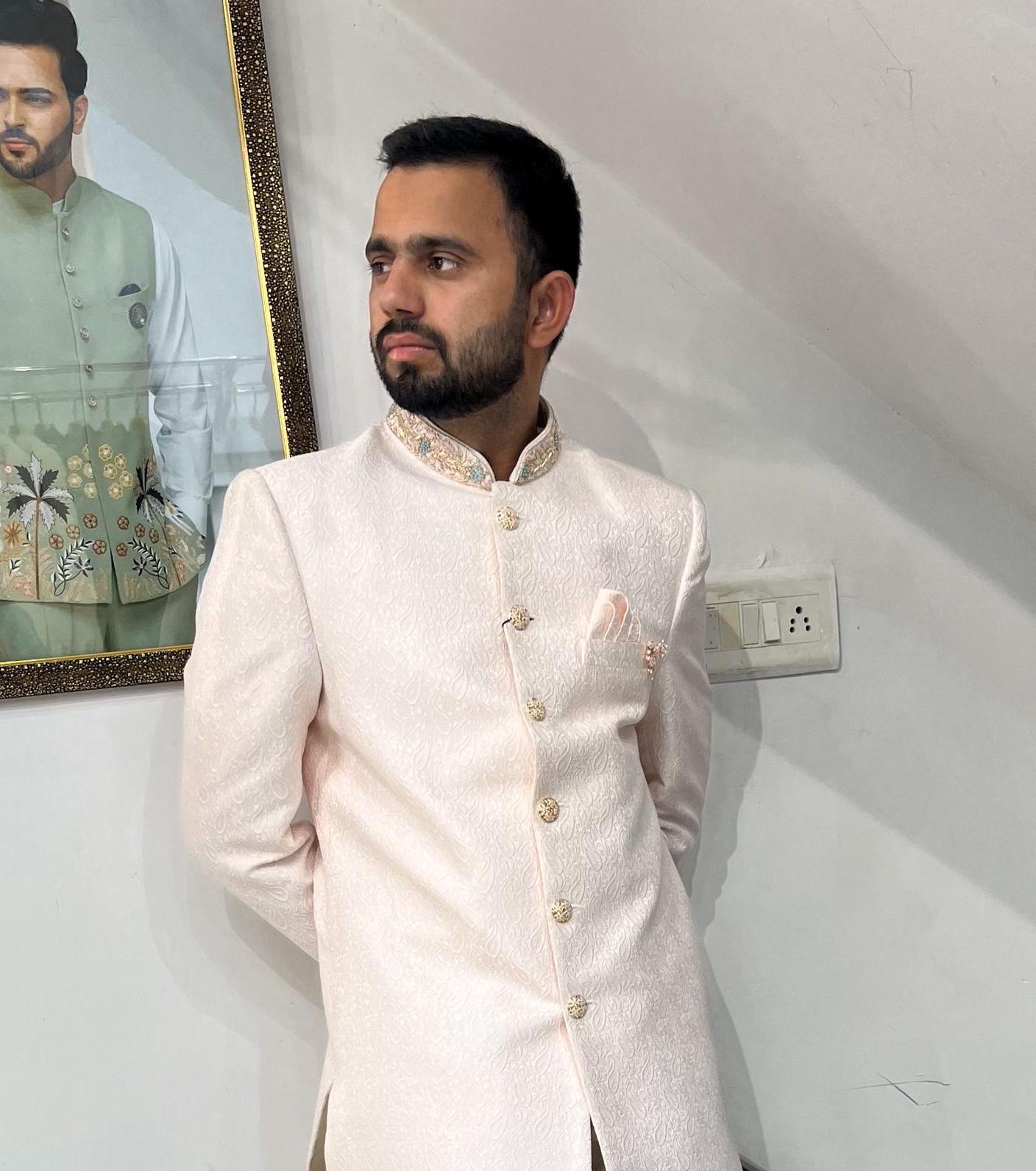 Powder Pink Groom Sherwani, Indo Western Wedding Suit