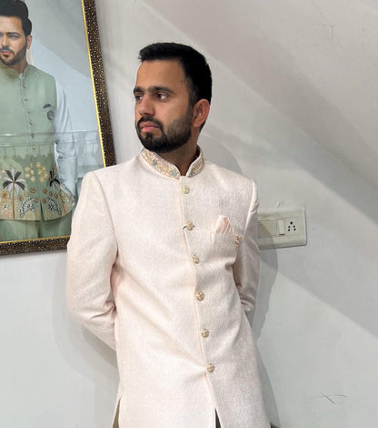 Powder Pink Groom Sherwani, Indo Western Wedding Suit