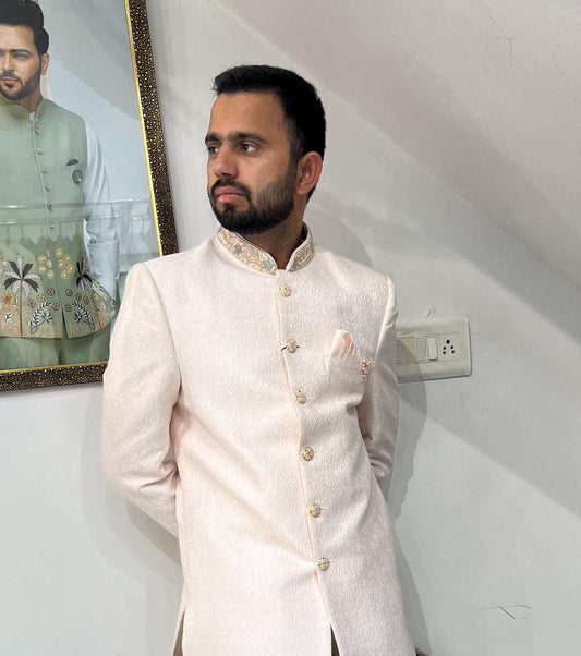 Powder Pink Groom Sherwani, Indo Western Wedding Suit