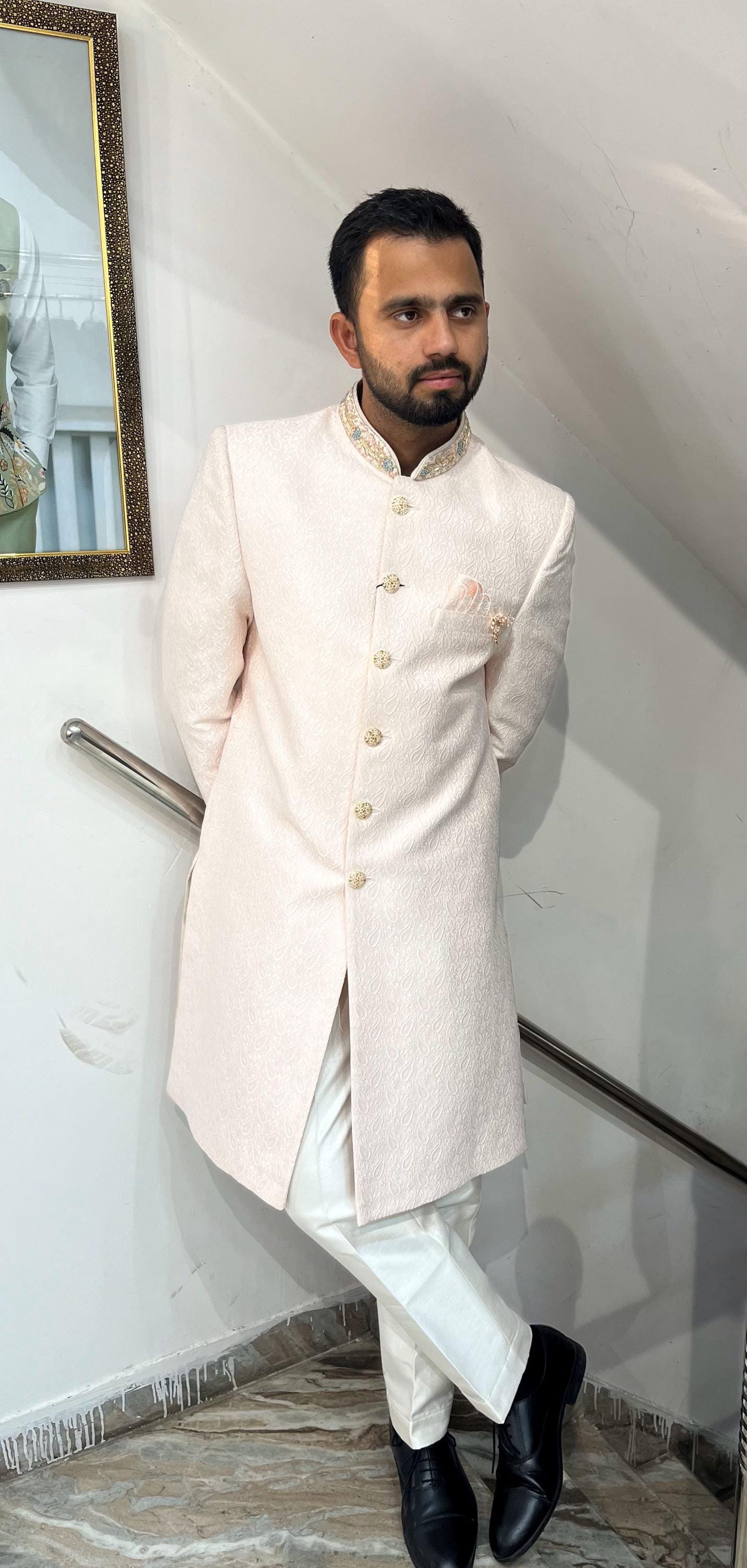 Powder Pink Groom Sherwani, Indo Western Wedding Suit