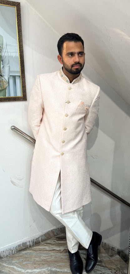 Powder Pink Groom Sherwani, Indo Western Wedding Suit