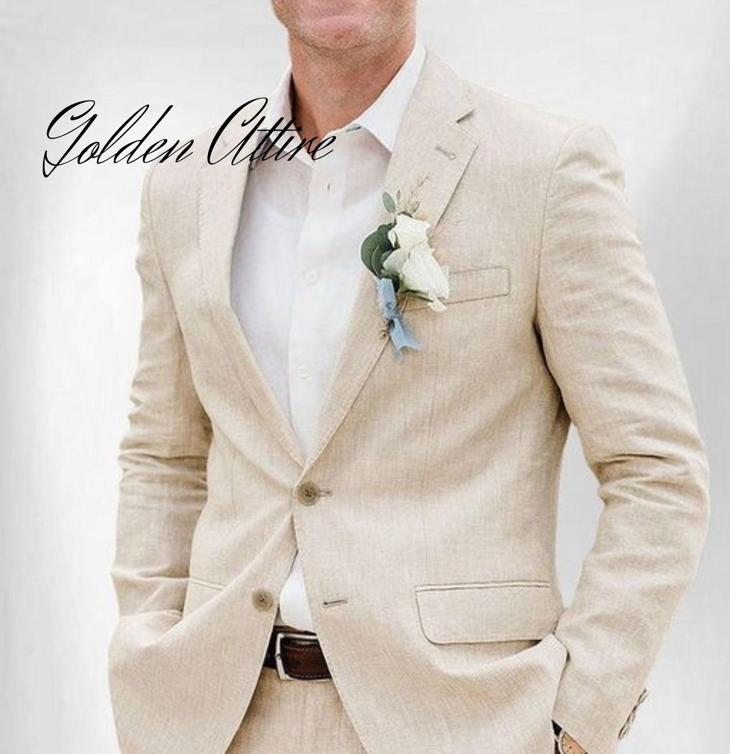 Beige Linen Suit for Men: Two-Piece Wedding Dinner Suit