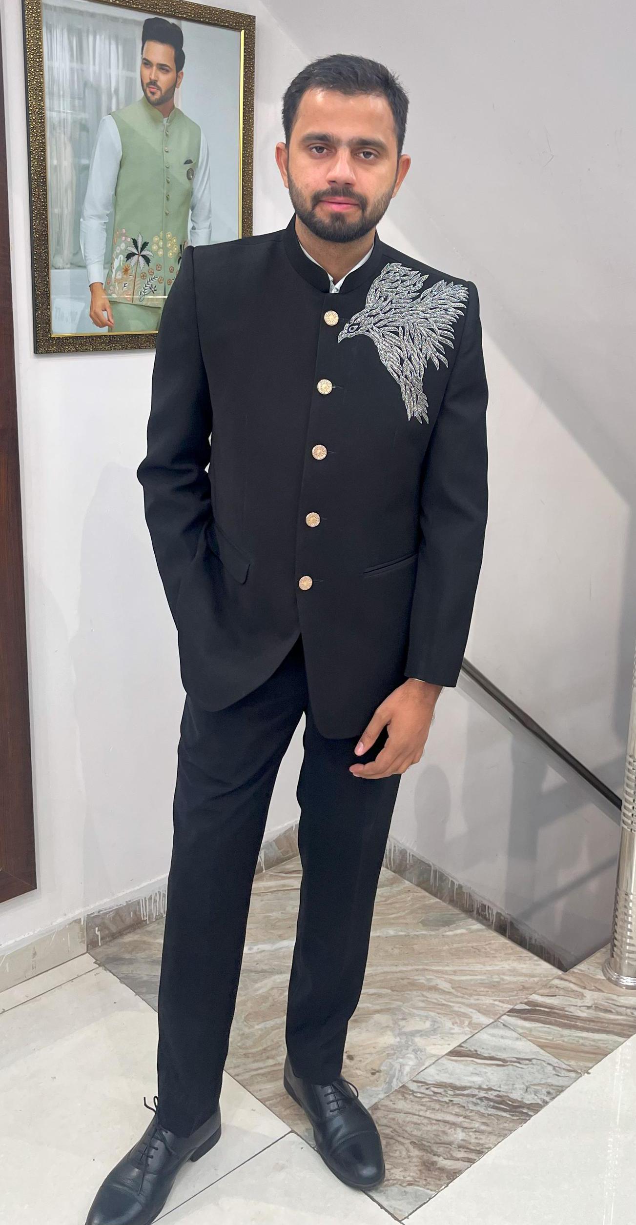 Black Handwork Jodhpuri Suit, Indian Wedding Groom Outfit