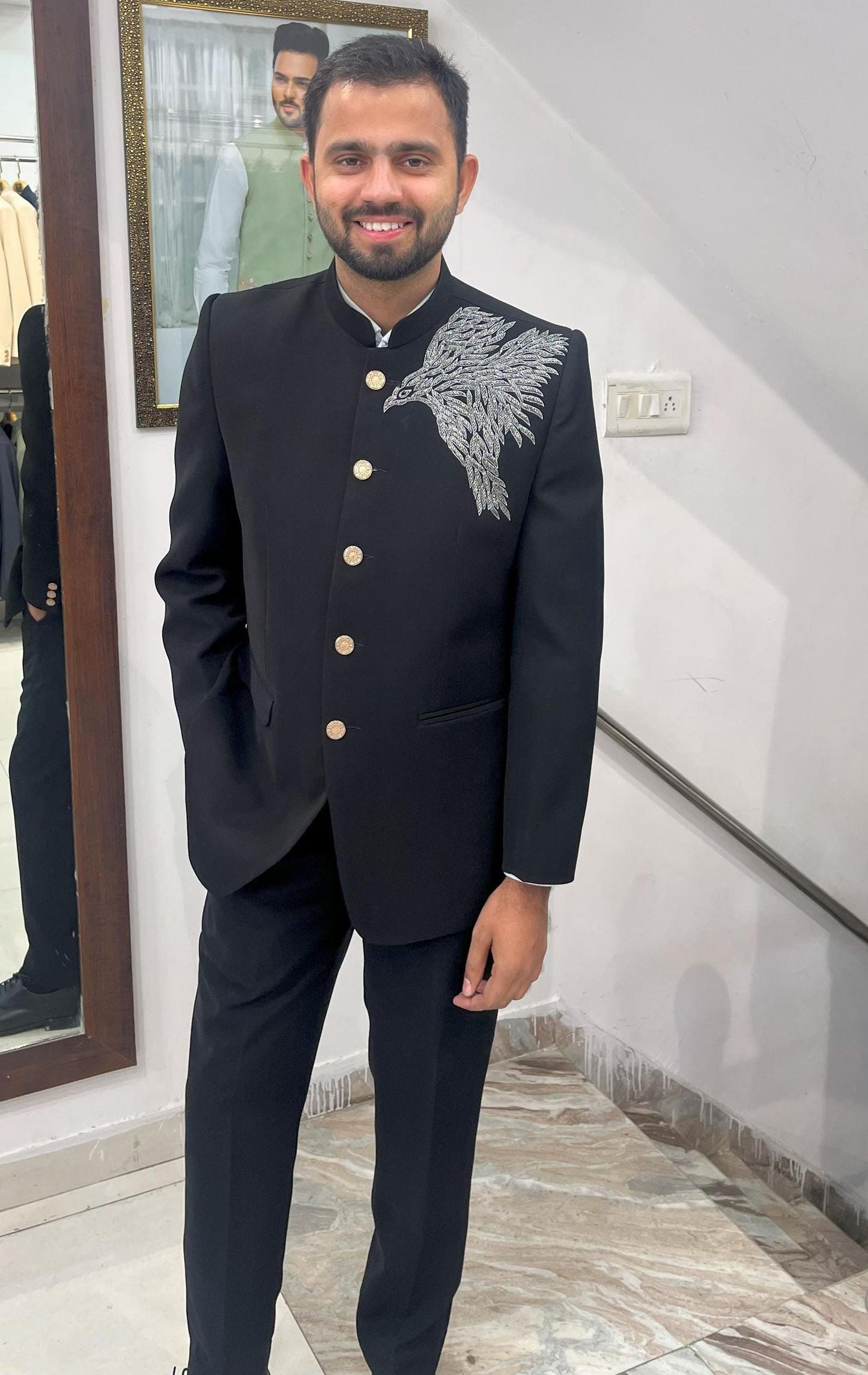 Black Handwork Jodhpuri Suit, Indian Wedding Groom Outfit