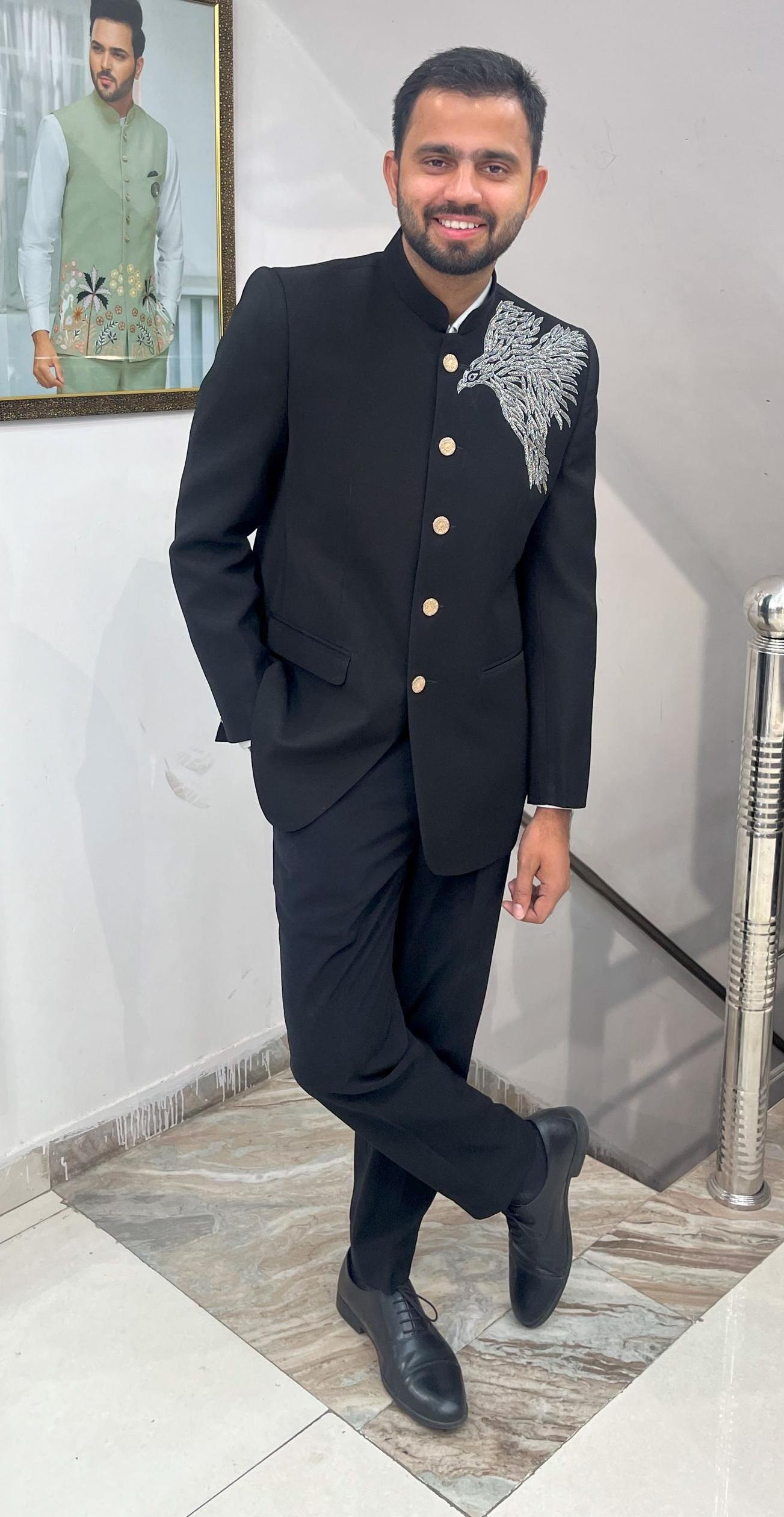 Black Handwork Jodhpuri Suit, Indian Wedding Groom Outfit