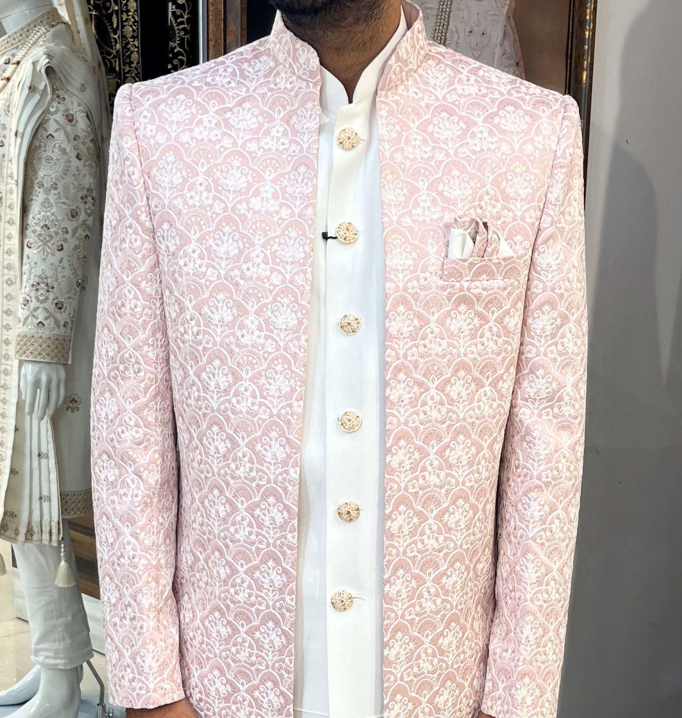 Pink Indian Groom Sherwani, Handcrafted Wedding Dress