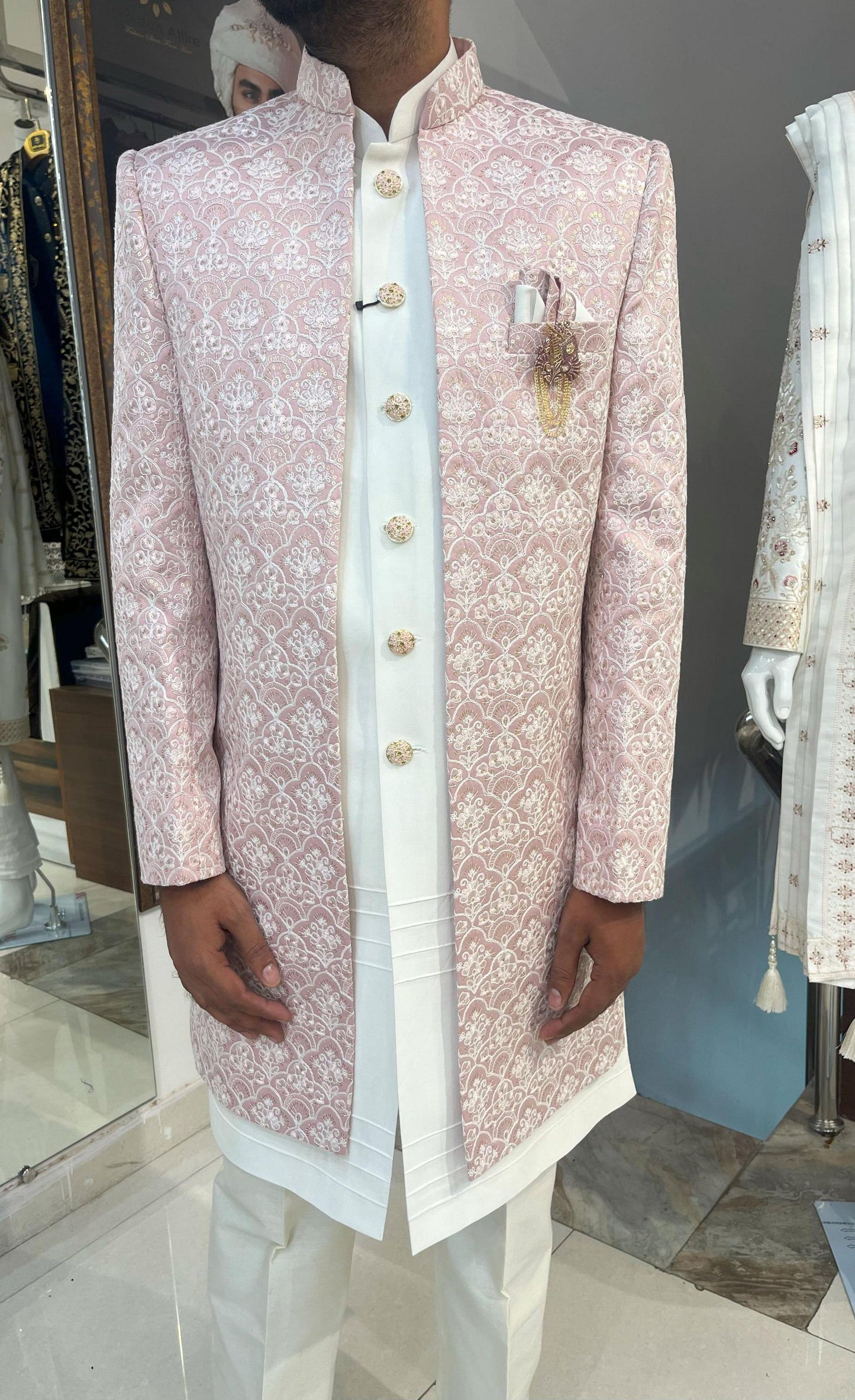 Pink Indian Groom Sherwani, Handcrafted Wedding Dress