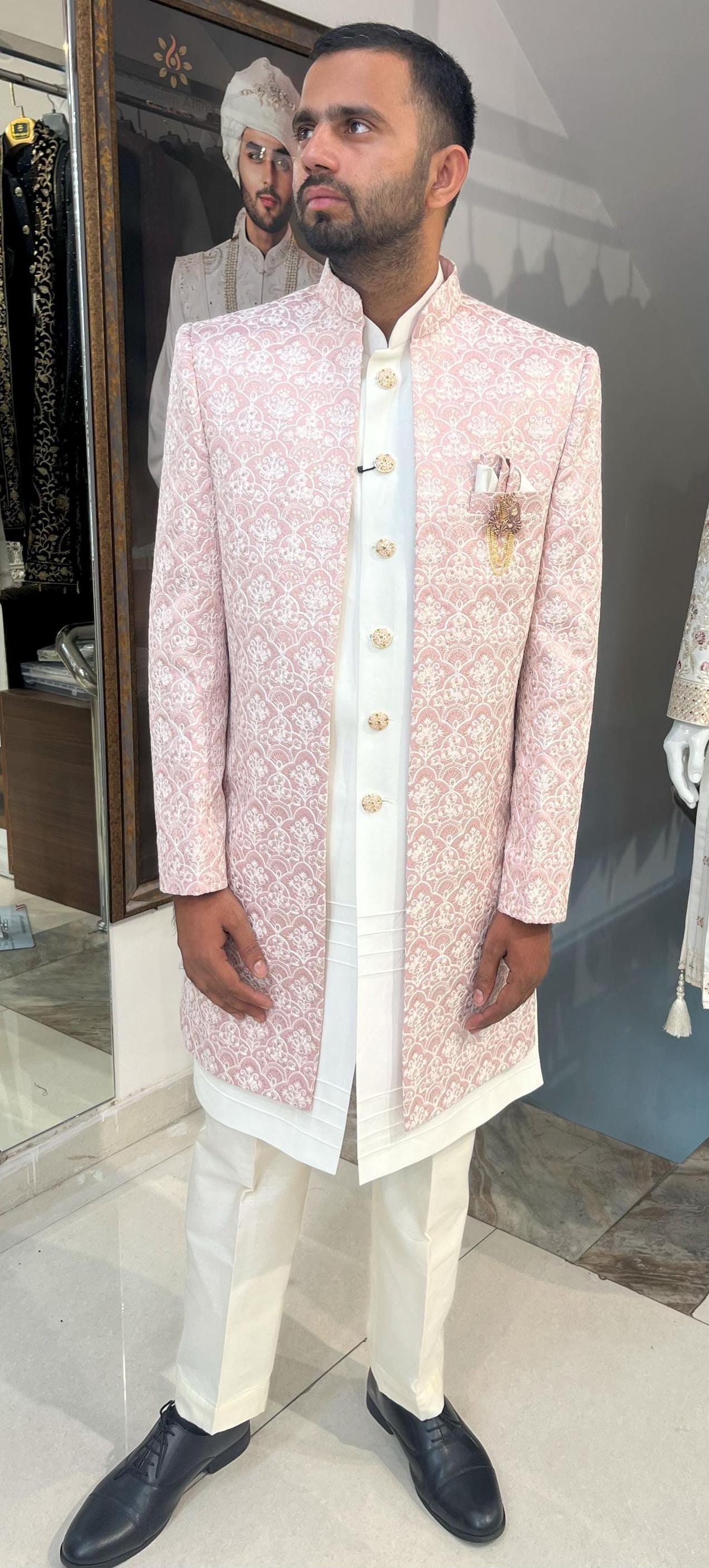 Pink Indian Groom Sherwani, Handcrafted Wedding Dress