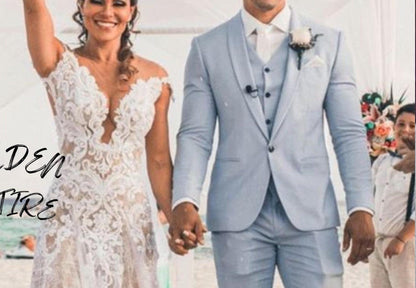 Sky Blue Three Piece Suit, Slim Fit Bespoke Wedding Suit
