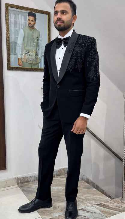 Luxury Black Embroidered Tuxedo Suit: Ethnic Wedding Prom Wear