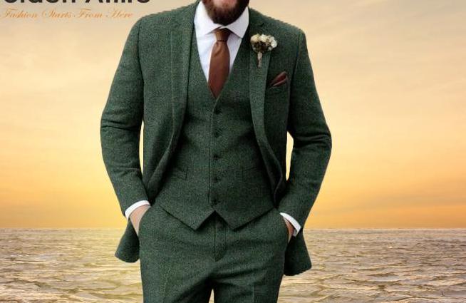 Green Tweed 3 Piece Suit, Bespoke Men's Wedding Suit