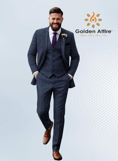 Tweed Wool Navy Blue Suit: Men's Three Piece Custom Suit