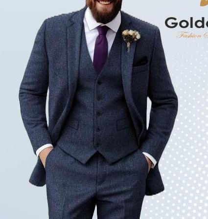 Tweed Wool Navy Blue Suit: Men's Three Piece Custom Suit
