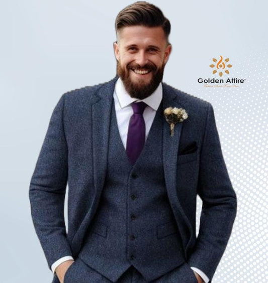 Tweed Wool Navy Blue Suit: Men's Three Piece Custom Suit
