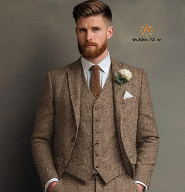 Tailor Made Tweed Suit, Vintage Style Three Piece Groom Wedding Suit