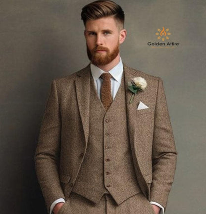 Tailor Made Tweed Suit, Vintage Style Three Piece Groom Wedding Suit