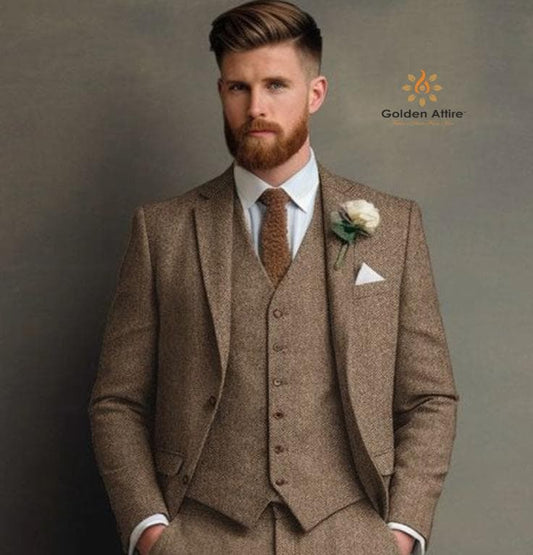 Tailor Made Tweed Suit, Vintage Style Three Piece Groom Wedding Suit
