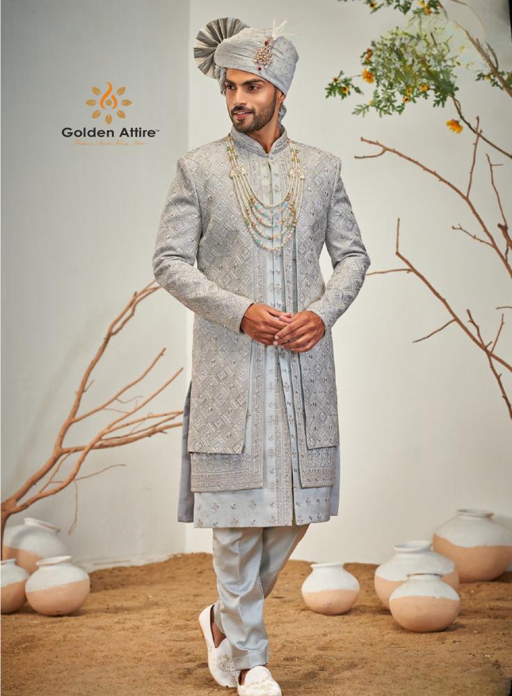 Pastel Blue Sherwani, Handwork Indian Groom Prince outfit