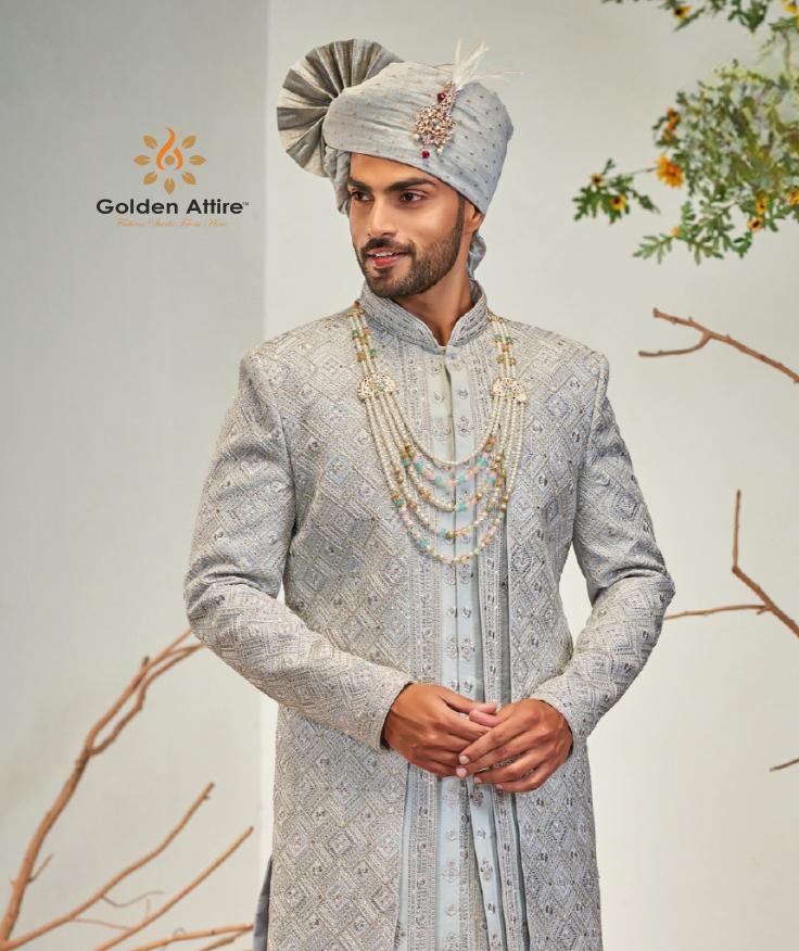Pastel Blue Sherwani, Handwork Indian Groom Prince outfit