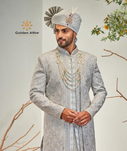 Pastel Blue Sherwani, Handwork Indian Groom Prince outfit