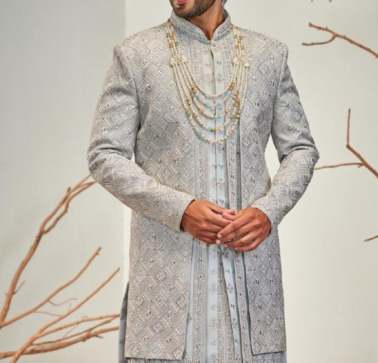 Pastel Blue Sherwani, Handwork Indian Groom Prince outfit