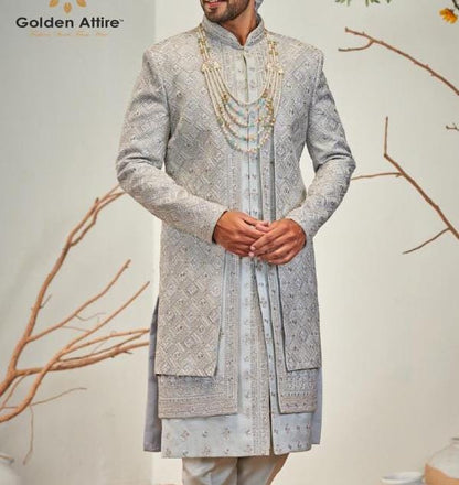 Pastel Blue Sherwani, Handwork Indian Groom Prince outfit