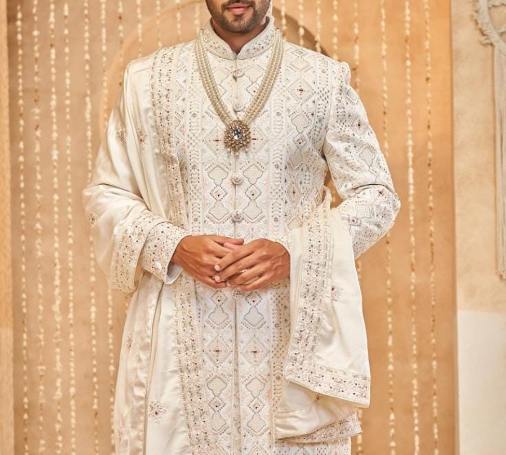 Warm White Sherwani for Men: Indian Groom Wedding Outfit