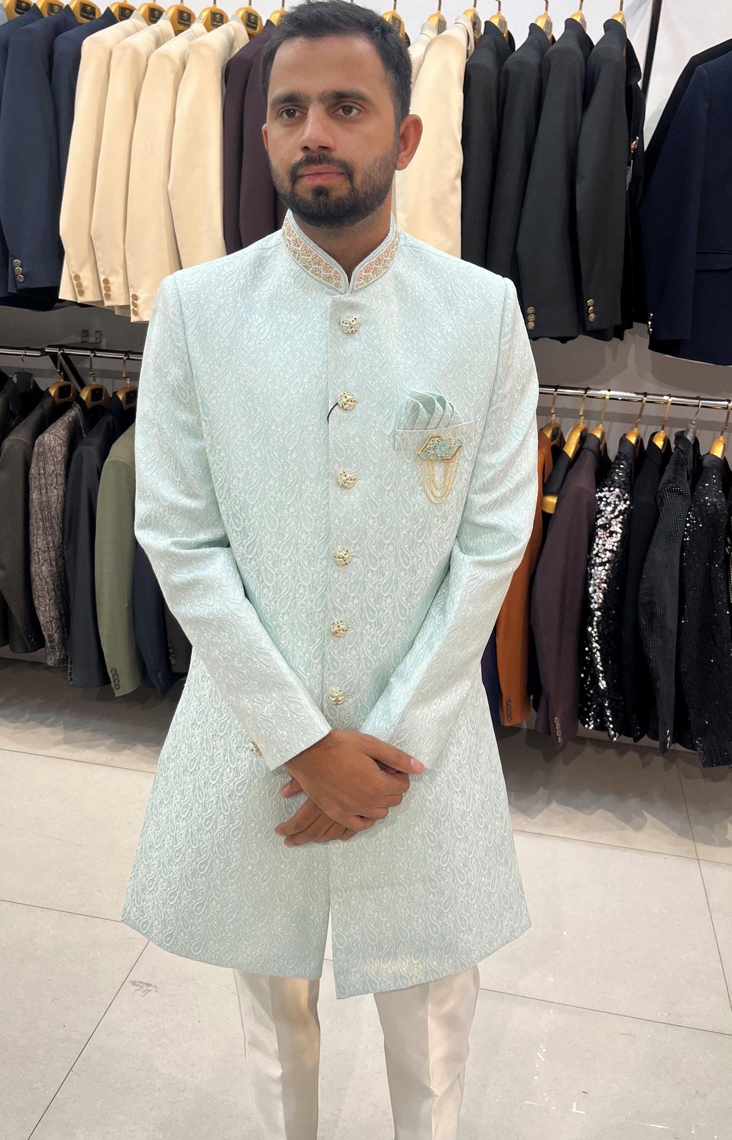 Powder Blue Indo Western Sherwani, Indian Groom Wedding Outfit