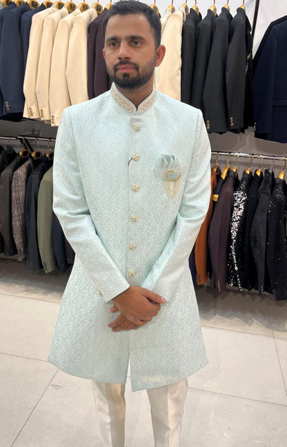 Powder Blue Indo Western Sherwani, Indian Groom Wedding Outfit