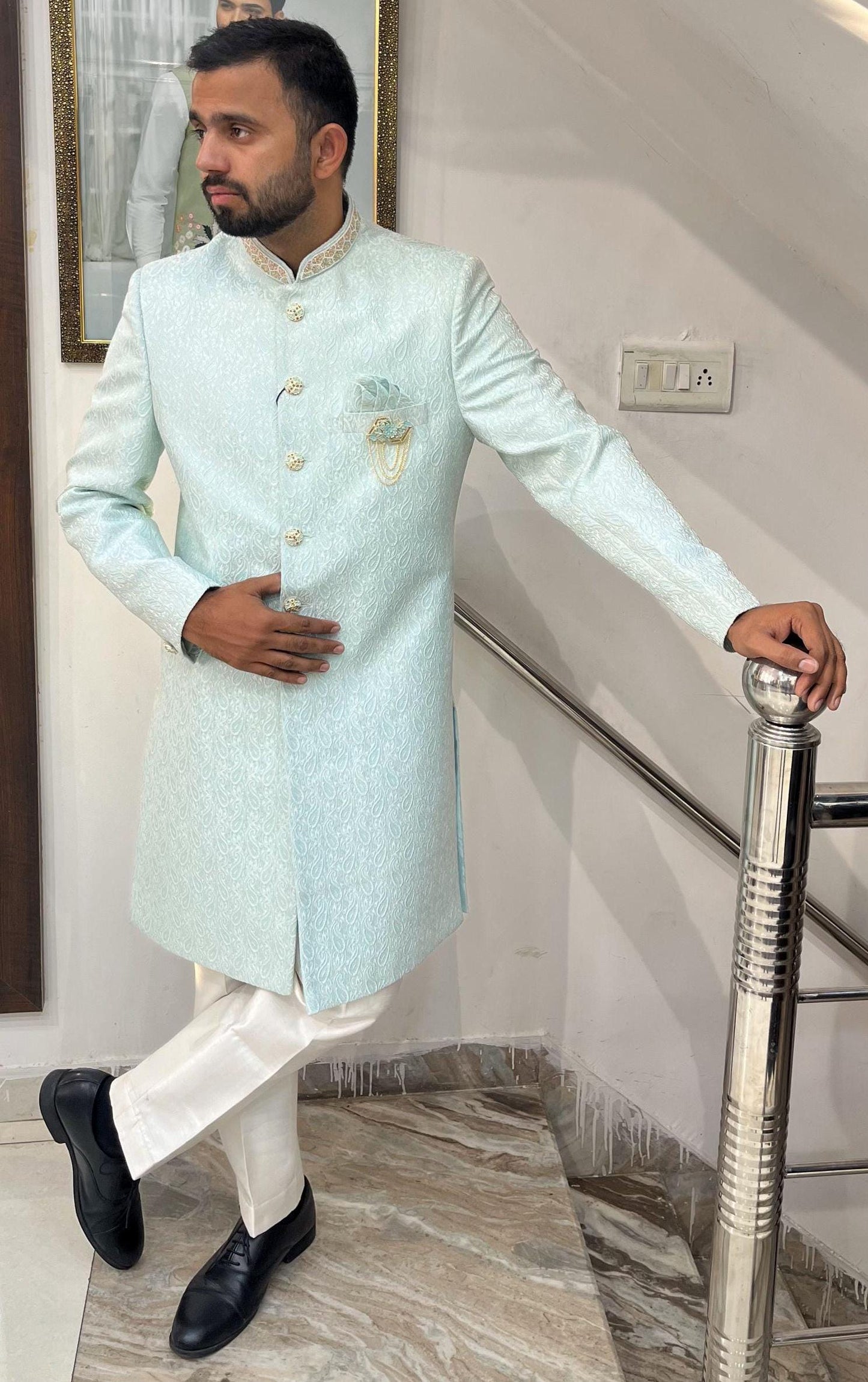Powder Blue Indo Western Sherwani, Indian Groom Wedding Outfit