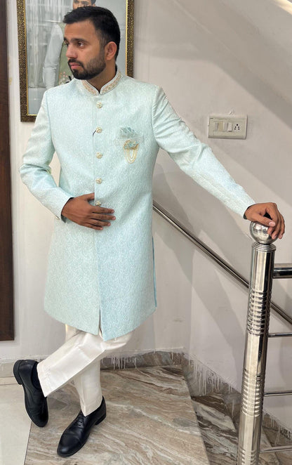 Powder Blue Indo Western Sherwani, Indian Groom Wedding Outfit
