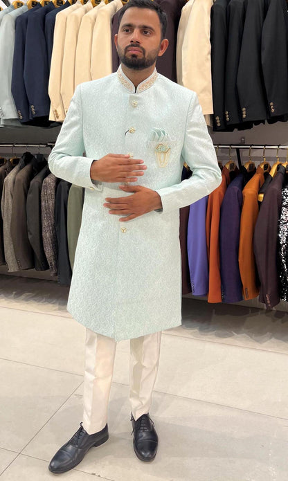 Powder Blue Indo Western Sherwani, Indian Groom Wedding Outfit