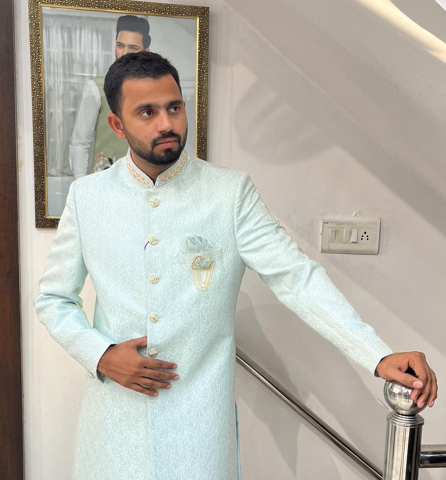 Powder Blue Indo Western Sherwani, Indian Groom Wedding Outfit
